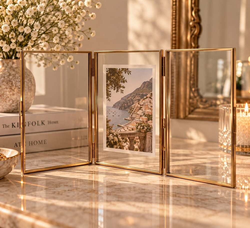 Gold Floating Frames, Vintage 5x4Triple Folding Picture Frame, Hinged Glass